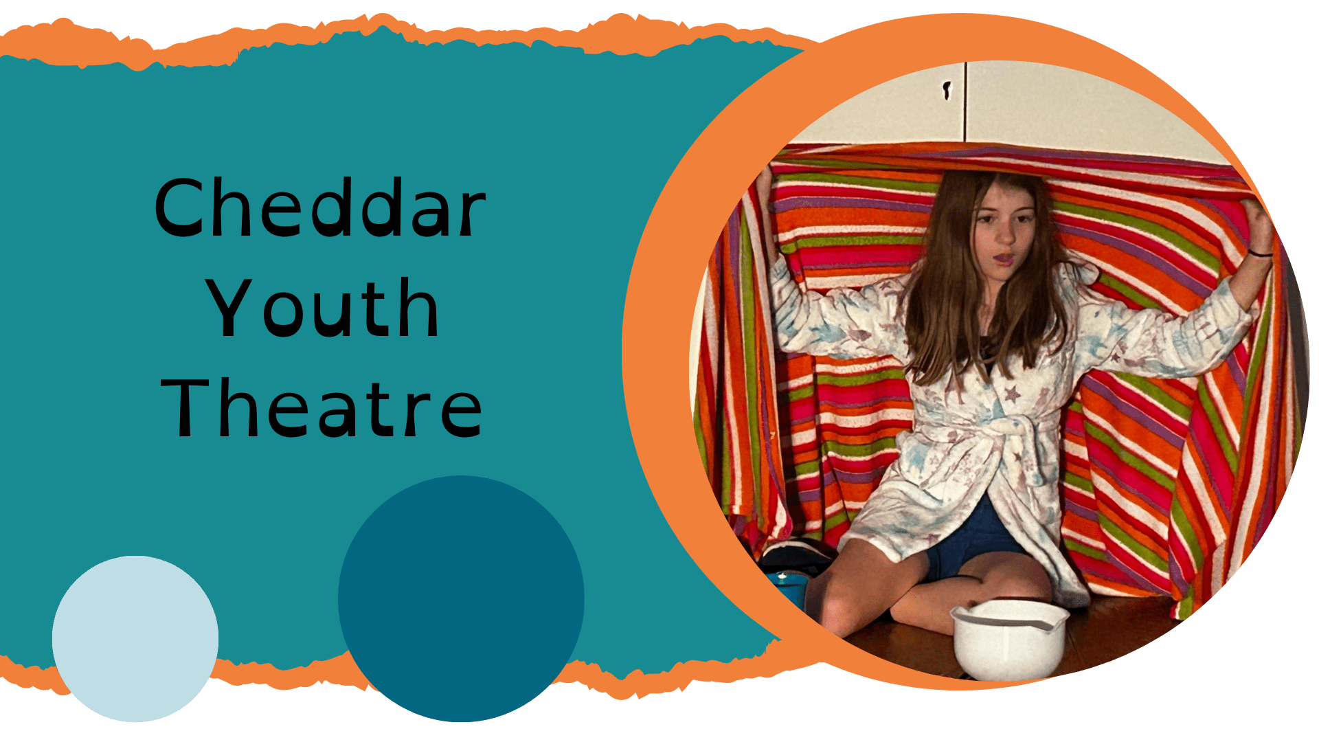 Heading Cheddar Cheddar Youth Theatre Location Banner - A young performer under a blanket
