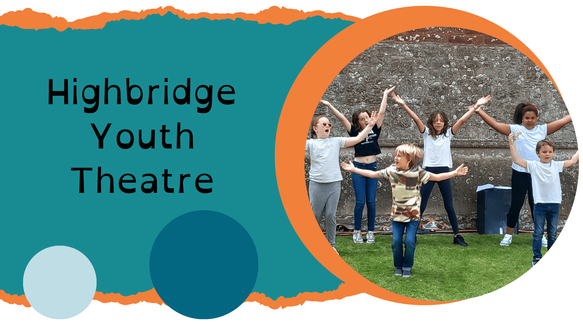 Heading Highbridge Highbridge Youth Theatre Location banner - Children performing outside on grass